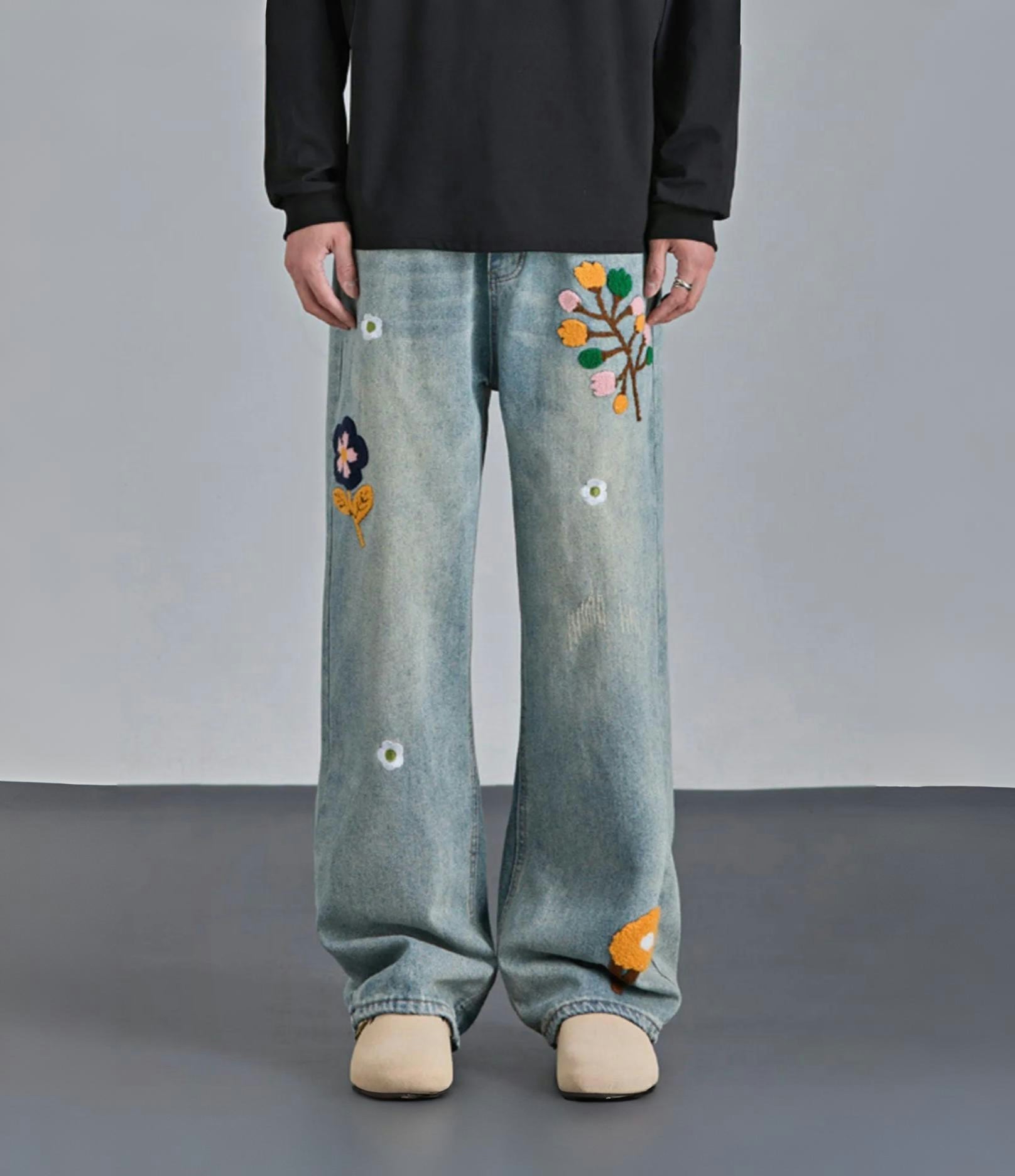 Men's Wide Leg Jeans | Floral Embroidery