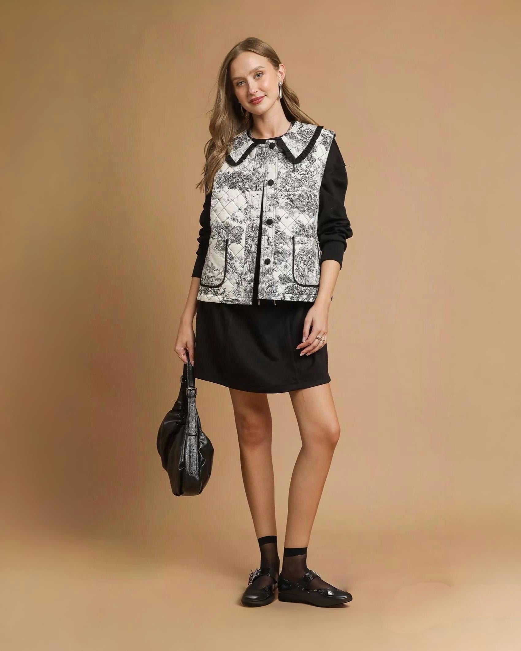 Umgee | Women's Toile Quilted Cotton Vest w/ Ruffle Collar