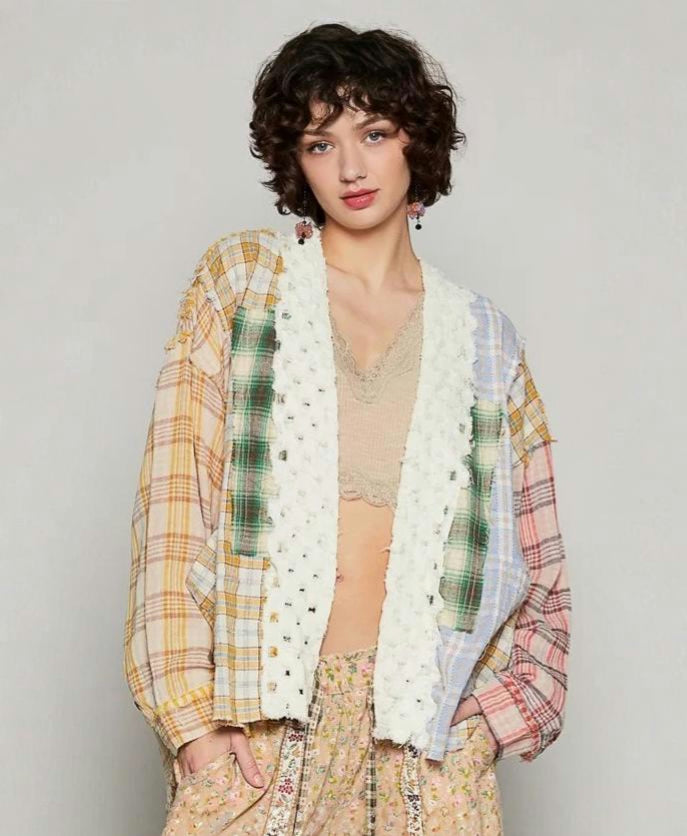 POL | Women's Raw Edge Plaid Cotton Open Cardigan