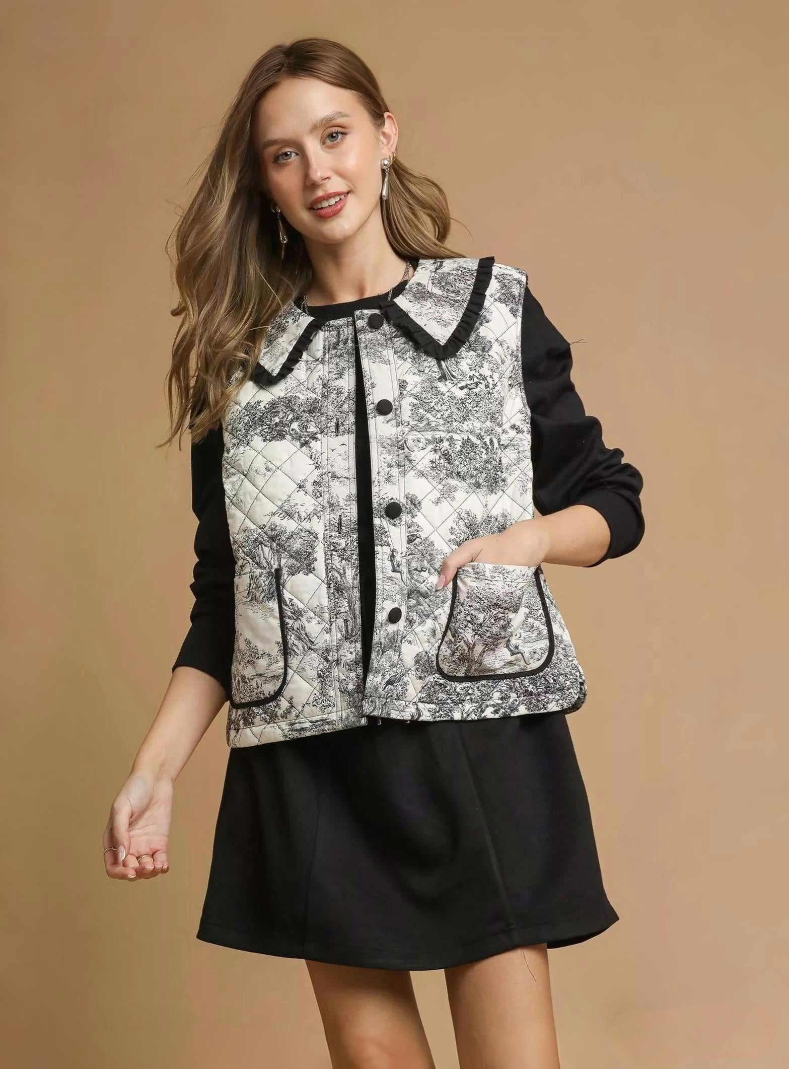 Umgee | Women's Toile Quilted Cotton Vest w/ Ruffle Collar