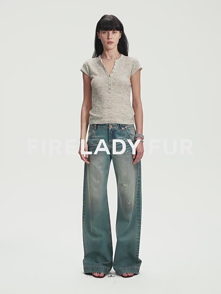 FIRELADY FUR | Women's Linen Blend Sequined Henley Neck T-shirt