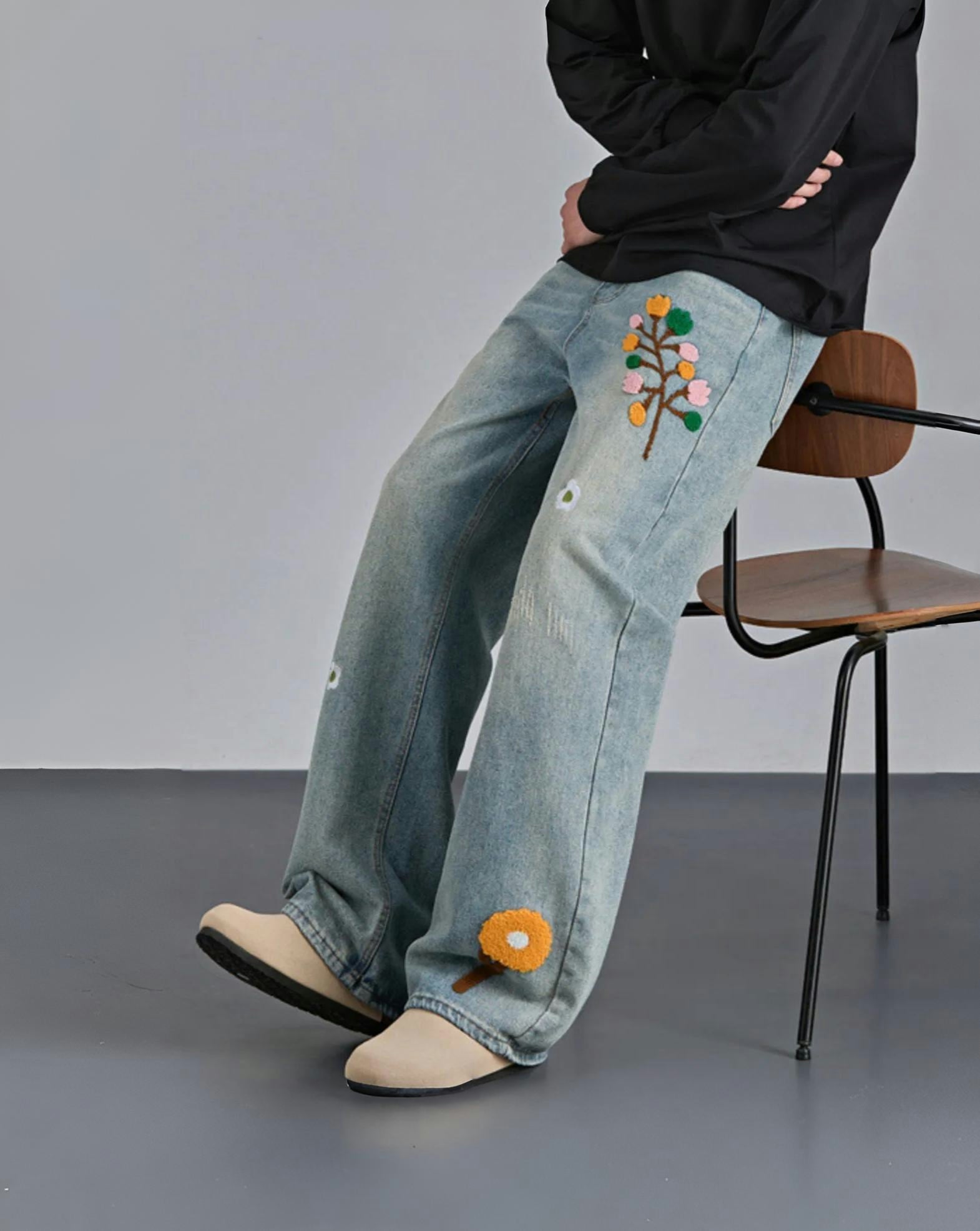 Men's Wide Leg Jeans | Floral Embroidery