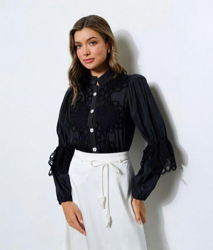 Vella Moda | Women's Tencel & Rayon Blend High Neck Lace Blouse