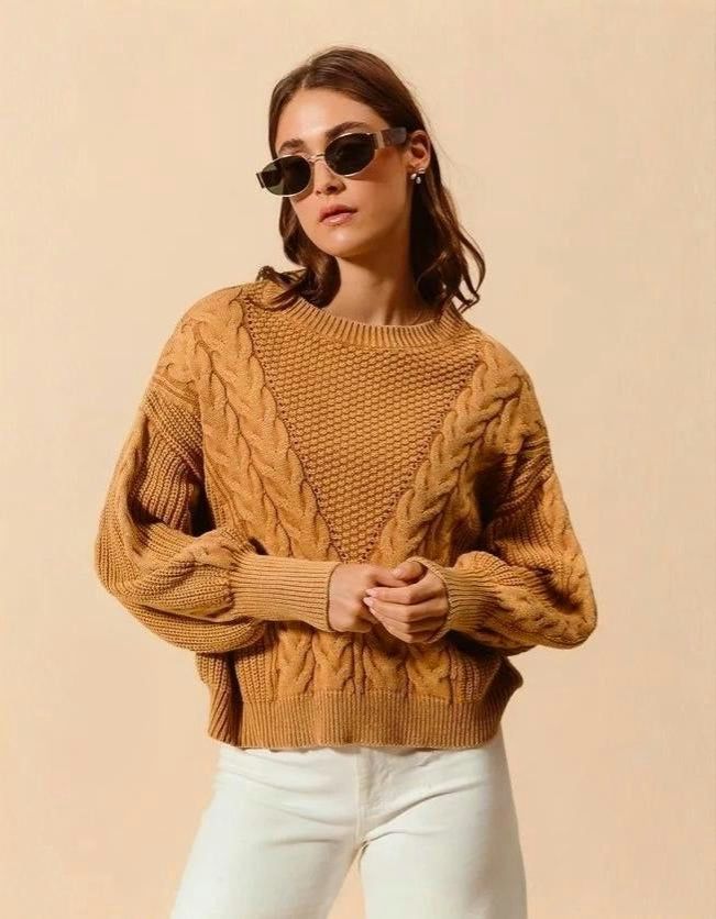 SO ME | Women's Mineral Washed Textured Cotton Cable Sweater