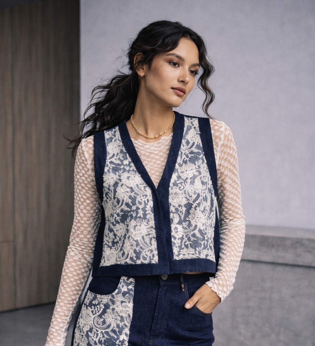 Davi & Dani | Women's Lace Patch Cotton Denim Vest