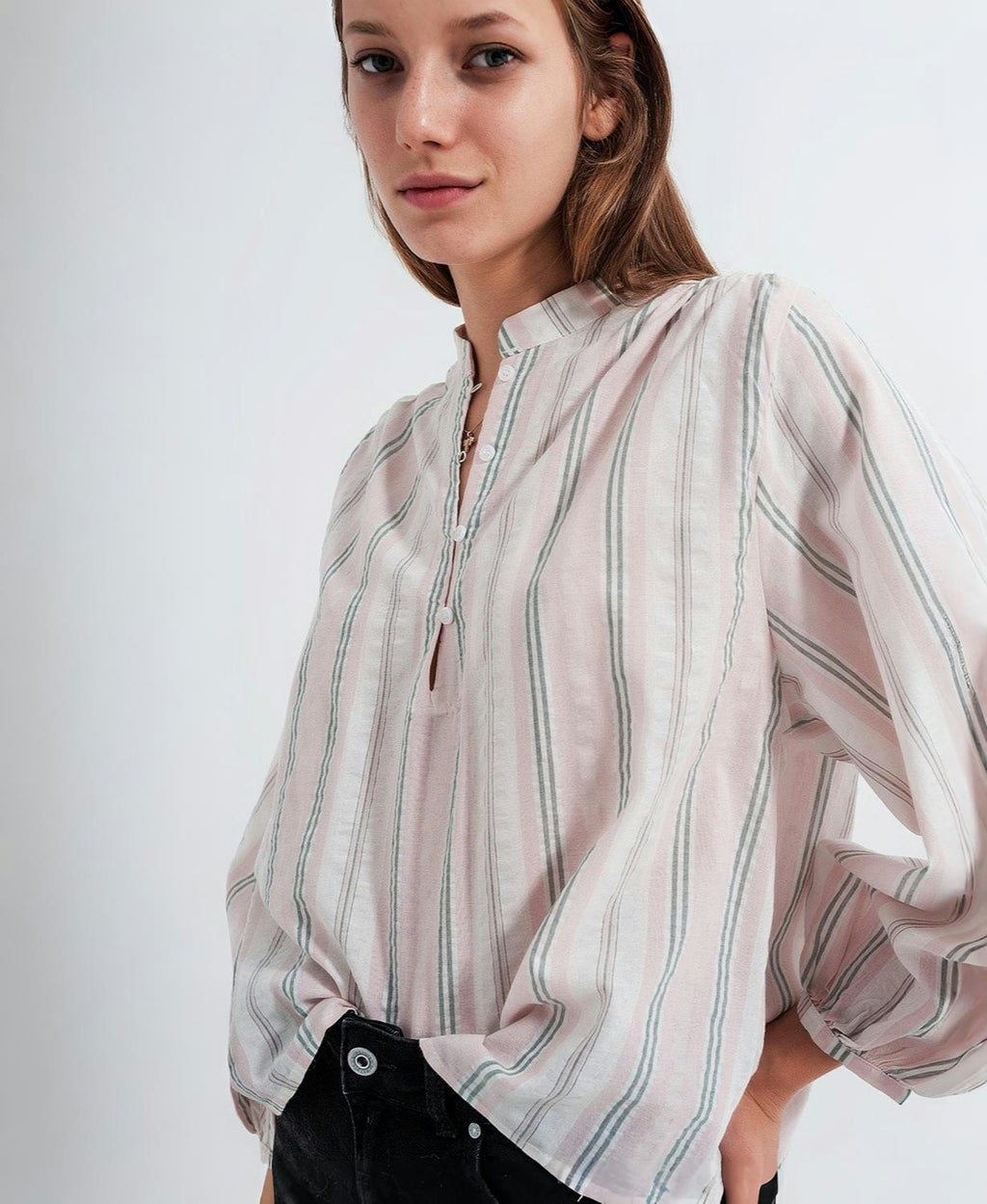 Q2 | Women's Pink Striped Cotton Grandad Shirt
