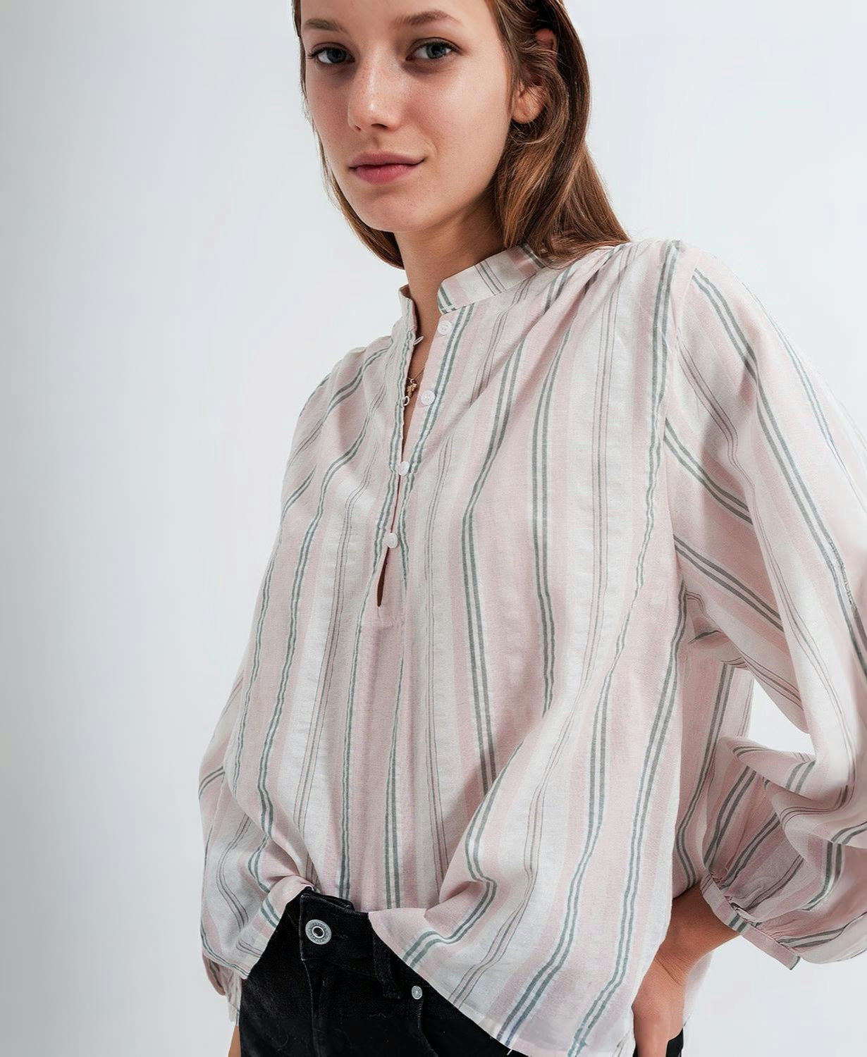 Q2 | Women's Pink Striped Cotton Grandad Shirt