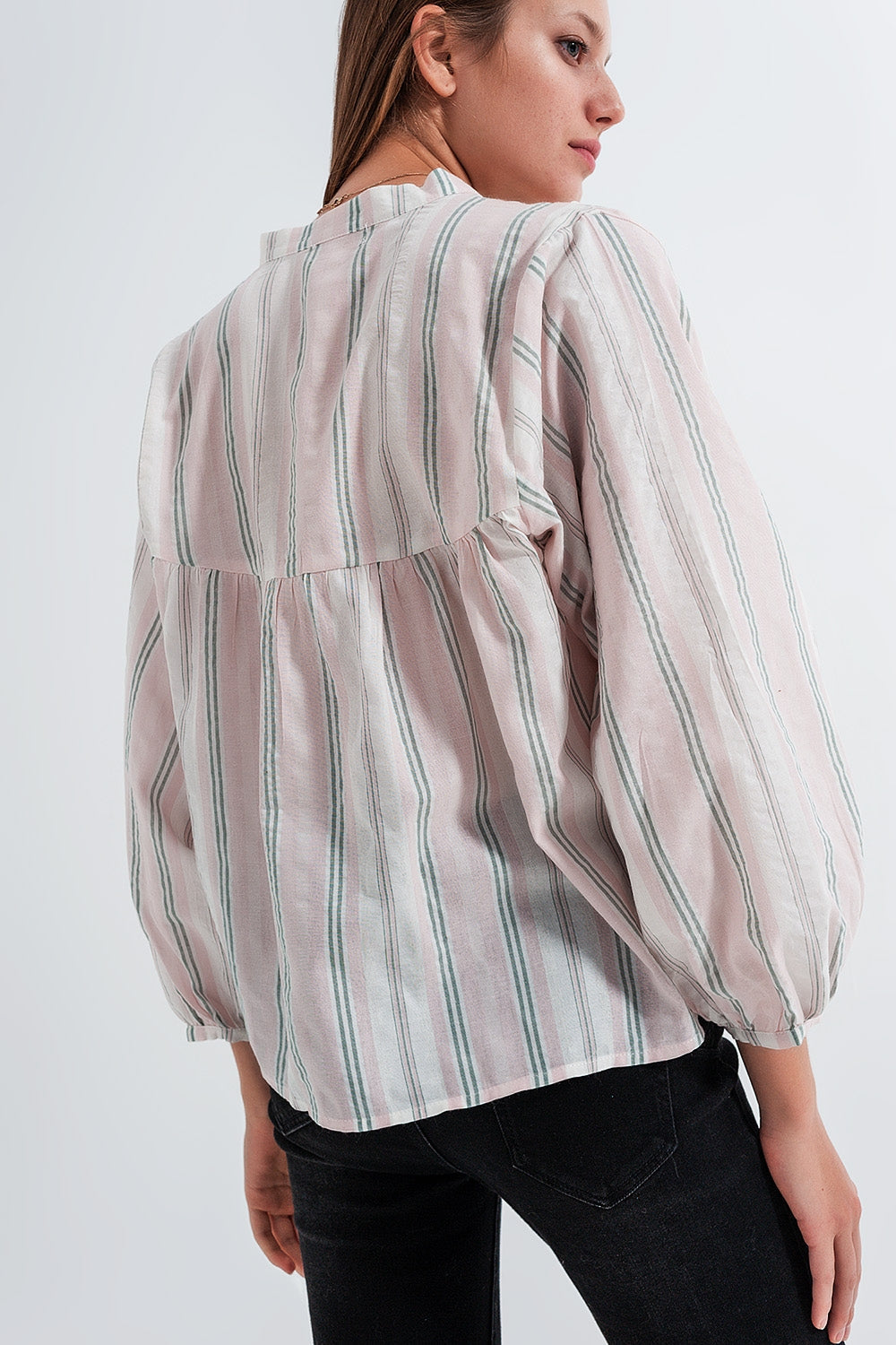 Q2 | Women's Pink Striped Cotton Grandad Shirt