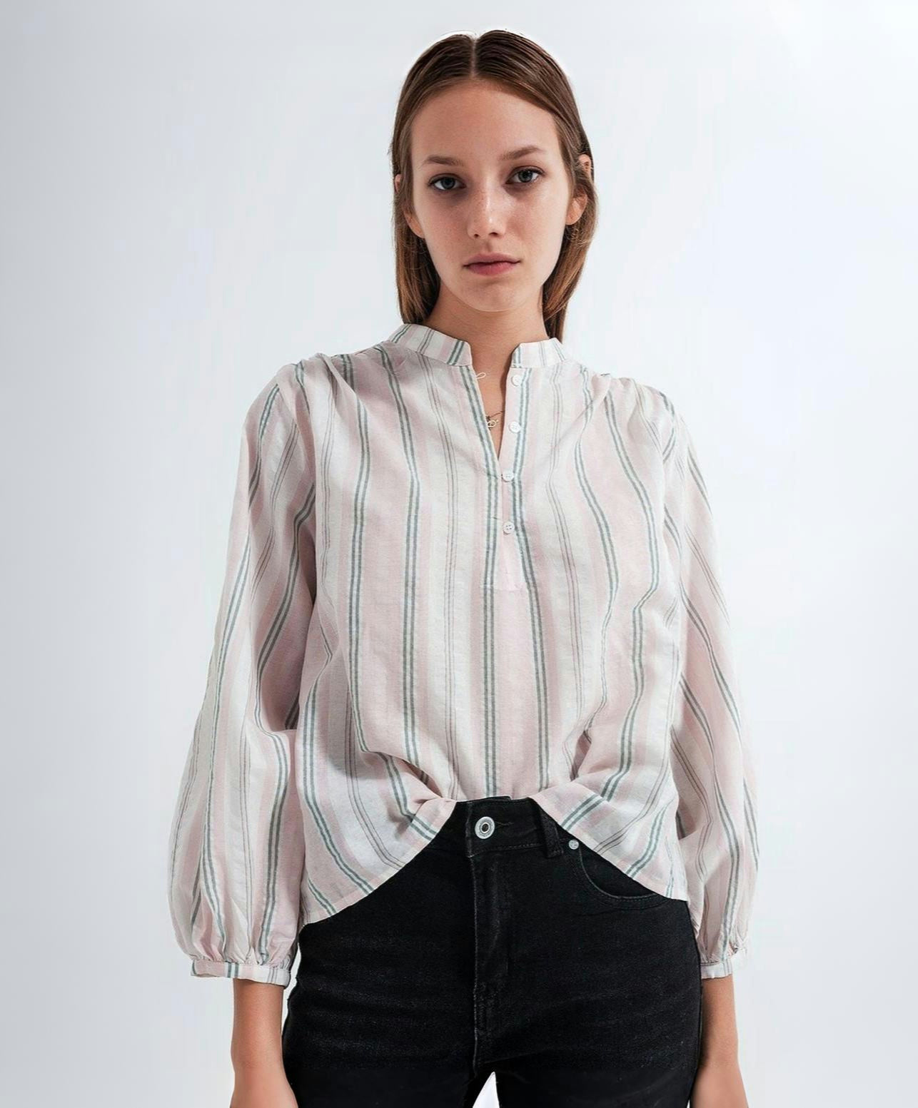 Q2 | Women's Pink Striped Cotton Grandad Shirt