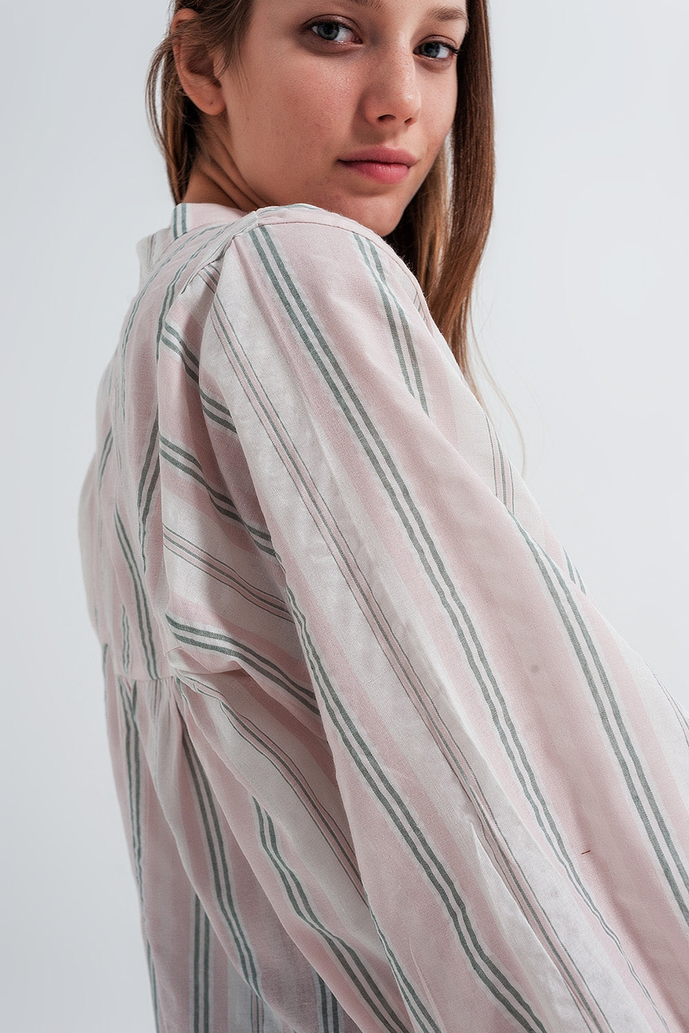 Q2 | Women's Pink Striped Cotton Grandad Shirt