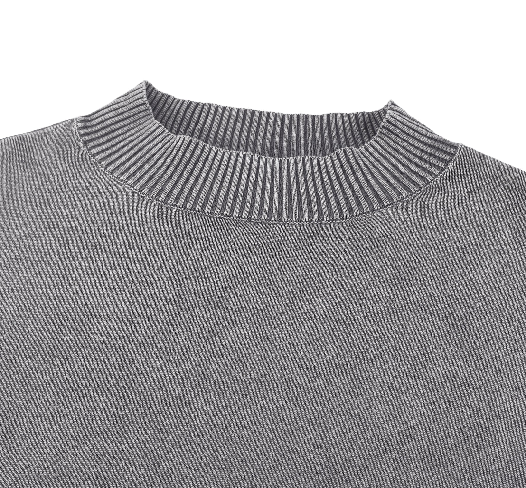 Close-up of a gray sweater with ribbed neckline on a white background