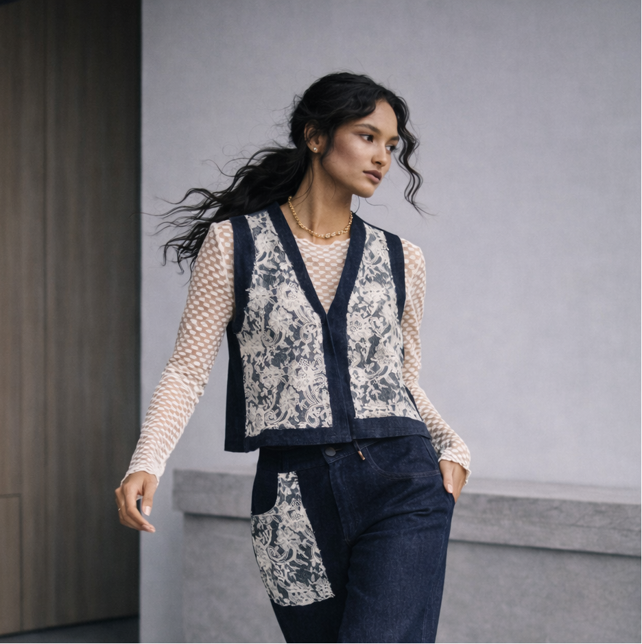 Davi & Dani | Women's Lace Patch Cotton Denim Vest