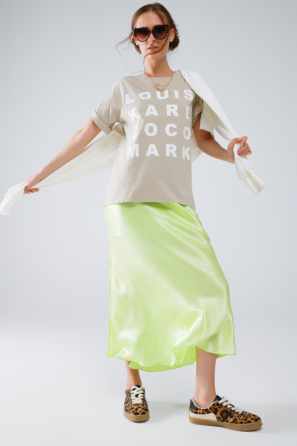 Q2 | Lime Maxi Silk Skirt With Side Slit