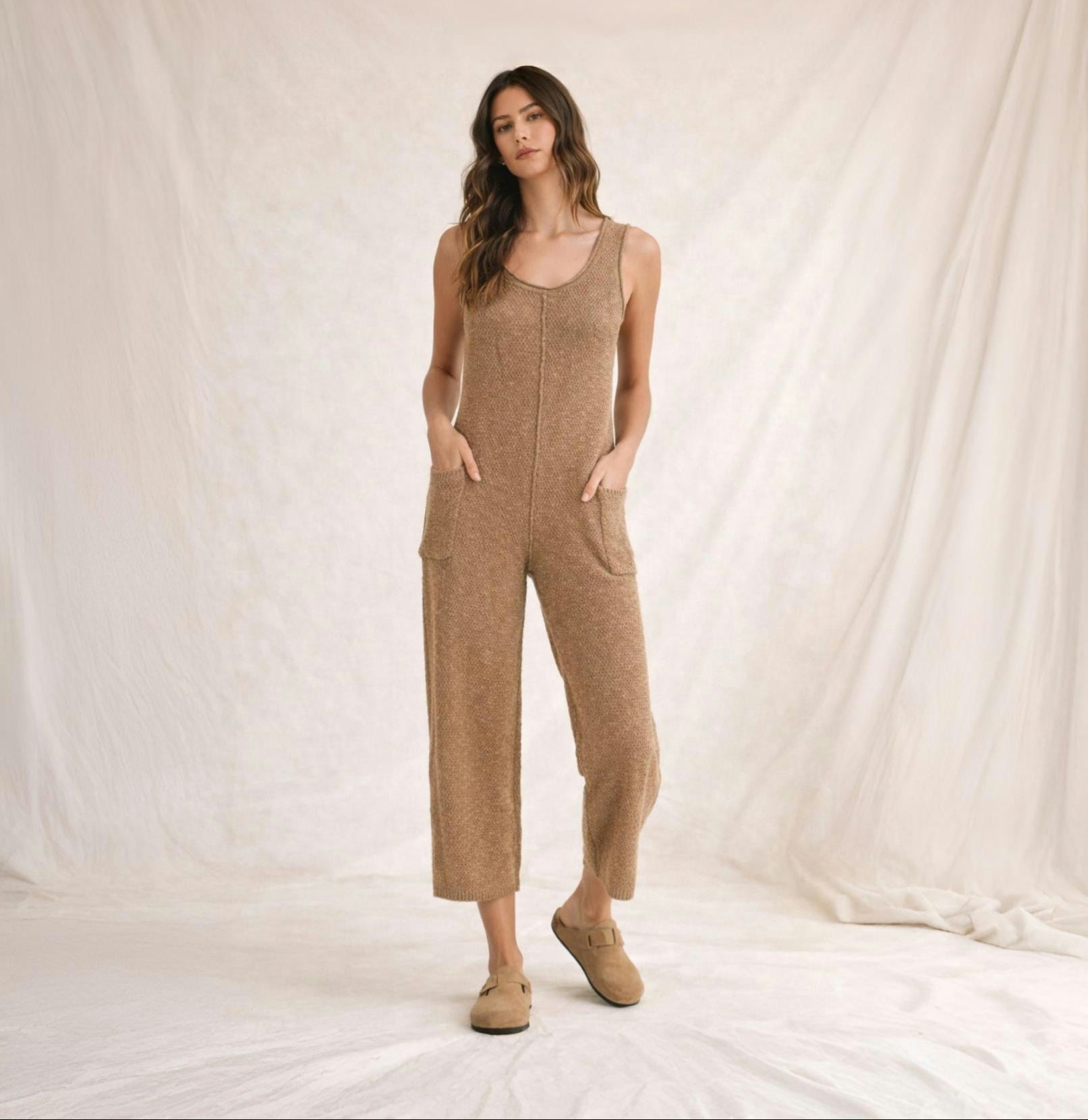 MABLE | Women's Sleeveless Knit Cropped Cotton Jumpsuit w/ Pockets