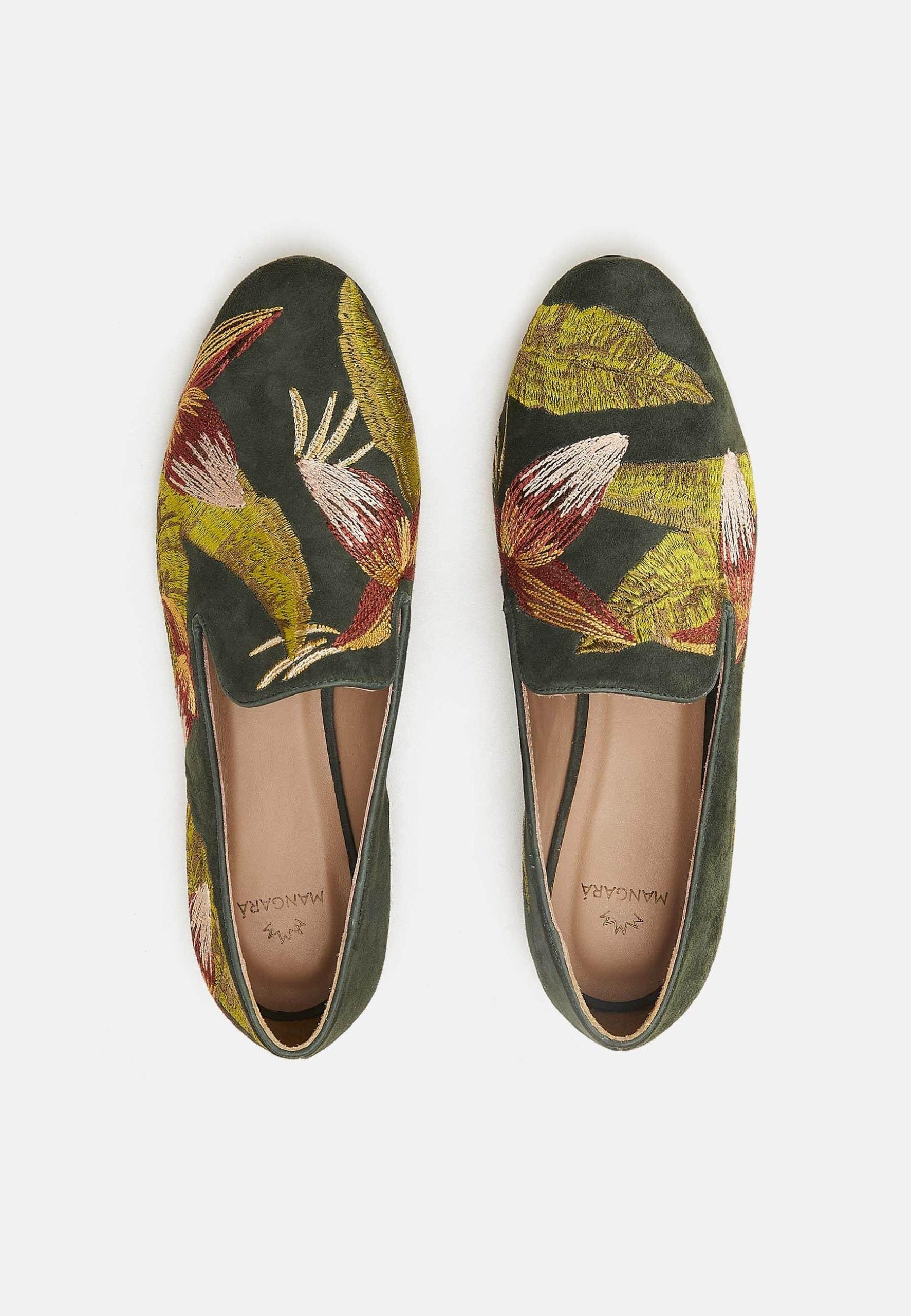Mangará Atelier | Green Embroidered Italian Suede Loafers