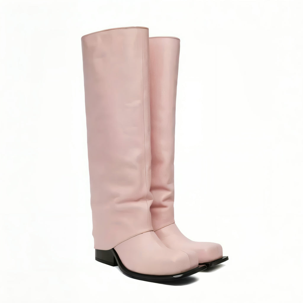 marigoldshadows | Women's Leather Pink Retro Knee-High Barrel Boot
