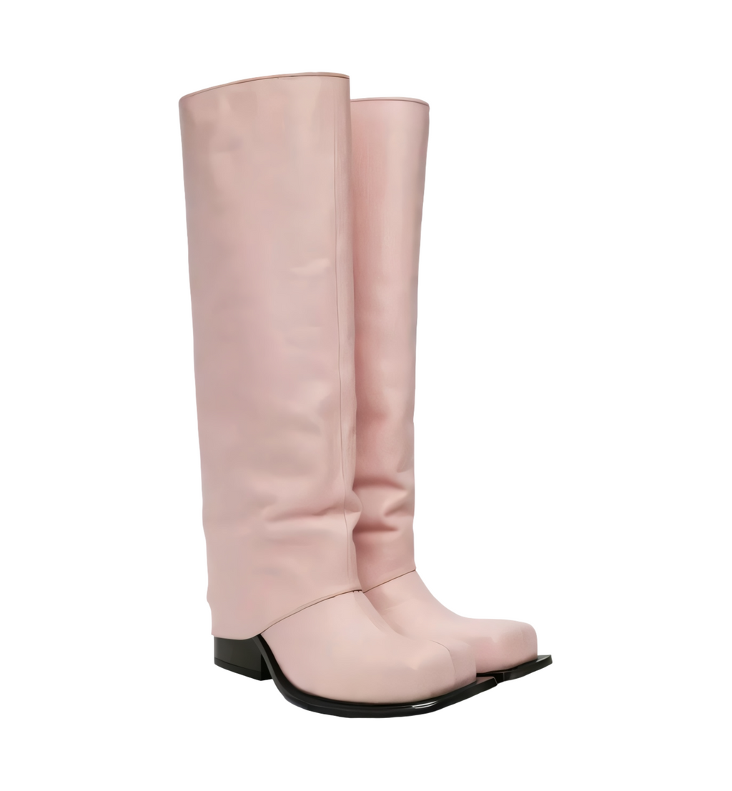marigoldshadows | Women's Leather Pink Retro Knee-High Barrel Boot