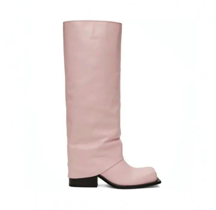 marigoldshadows | Women's Leather Pink Retro Knee-High Barrel Boot