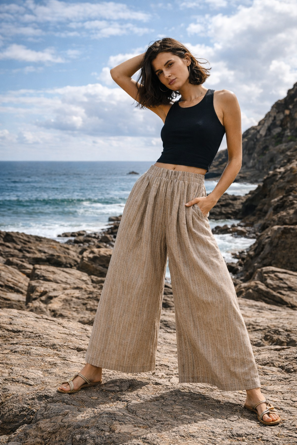 Umgee | Women's Camel Pinstripe Palazzo Pants