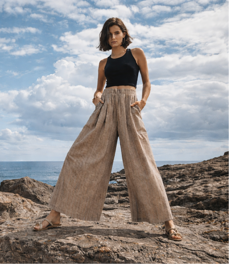 Woman wearing a black top and beige wide-leg pants standing on rocky terrain with a cloudy sky.