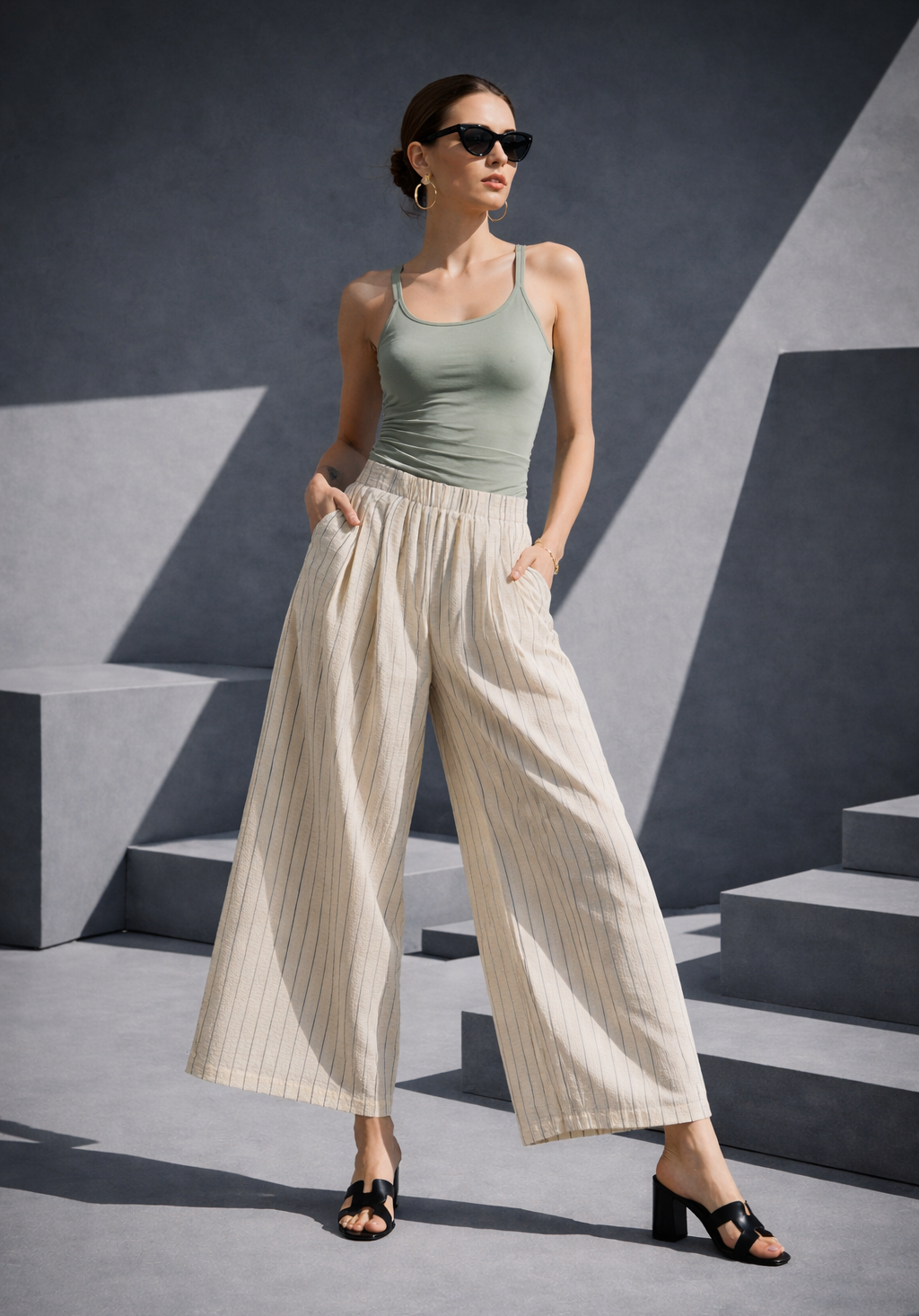 Woman wearing a green tank top and beige wide-leg pants standing on geometric steps.